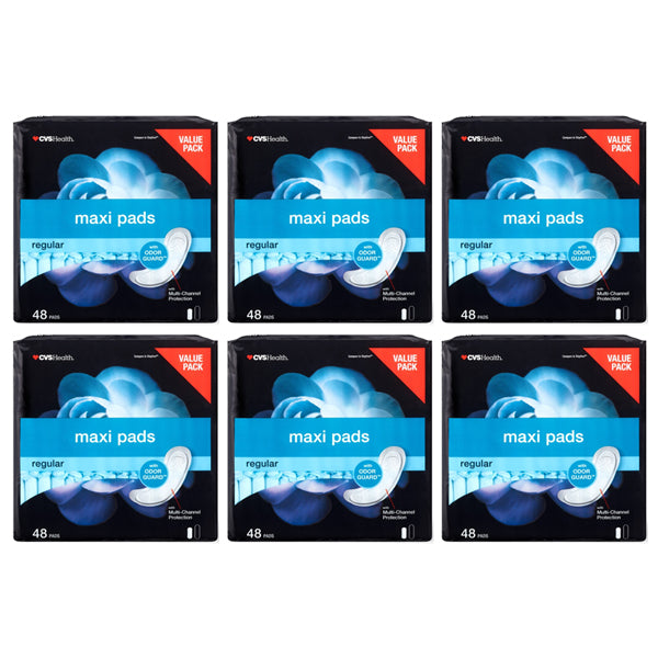 Six packs of CVS Health Maxi Pads Regular with Odor Guard, 48 count each, from CVS, arranged in two rows of three against a white background, providing reliable protection and everyday comfort.